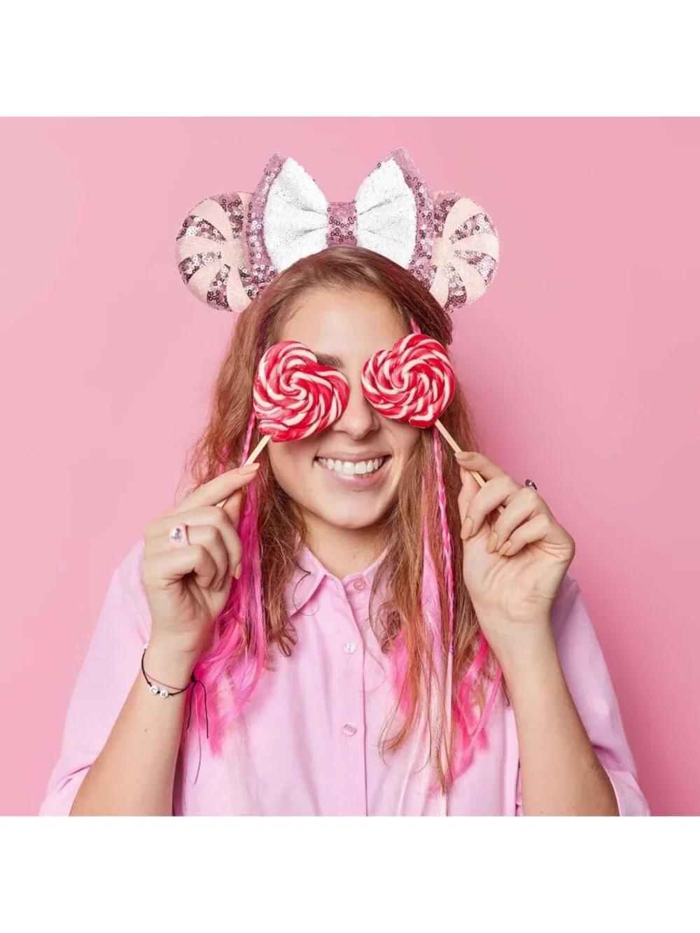Women Candy pink Polyester Sequins Mickey Mouse Hair Bow Handmade Headband